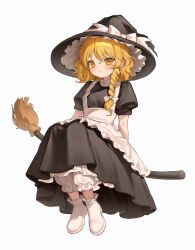  1girl apron black_dress black_hat blonde_hair bloomers blush boots bow braid broom broom_riding closed_mouth commentary_request dress embodiment_of_scarlet_devil full_body hair_bow hat hat_bow highres kirisame_marisa long_hair looking_at_viewer official_alternate_costume puffy_short_sleeves puffy_sleeves qiu_ju short_sleeves side_braid simple_background single_braid smile solo touhou white_apron white_background white_bloomers white_boots white_bow witch_hat yellow_eyes 