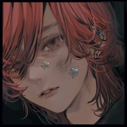  1boy close-up commentary_request ear_piercing half_updo highres letterboxed looking_at_viewer male_focus medium_hair mid_xmas original piercing portrait red_eyes red_hair solo star_(symbol) sticker swept_bangs teeth 