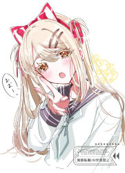  1girl :o animal_ear_hairband animal_ears black_sailor_collar blonde_hair blush bow bow_hairband cat_ear_hairband cat_ears colored_eyelashes fake_animal_ears fang gakuen_idolmaster goslingwallows grey_neckerchief hair_ornament hairband hairclip hand_up highres idolmaster long_hair long_sleeves looking_at_viewer neckerchief open_mouth orange_eyes parallel_hairclips red_bow red_hairband sailor_collar sailor_shirt school_uniform serafuku shinosawa_hiro shirt signature simple_background solo speech_bubble twintails upper_body v watermark white_background white_shirt 