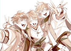  3boys :d ^_^ absurdres blush closed_eyes facing_viewer fushimi_gaku fushimi_gaku_(1st_costume) gloves hair_ornament highres jewelry jump_(ah0029) kitami_yusei kitami_yusei_(1st_costume) lightning_bolt_hair_ornament lightning_bolt_symbol magatama magatama_necklace male_focus mole mole_under_eye monochrome multiple_boys necklace nijisanji open_mouth ring short_hair simple_background smile upper_body v white_background 