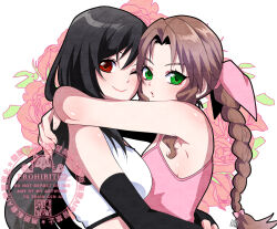  2girls aerith_gainsborough arms_around_another's_back arms_around_neck black_hair braid breasts brown_hair cheek_press commentary_request dress elbow_gloves final_fantasy final_fantasy_vii gloves green_eyes hug long_hair looking_at_viewer multiple_girls one_eye_closed pink_dress red_eyes shikiwo sideboob tank_top tifa_lockhart white_background yuri 