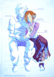  1boy 1girl ? ?? closed_eyes closed_mouth collared_shirt commentary english_commentary english_text highres holding_hands jewelry kyokugen_dasshutsu kyokugen_dasshutsu_adv:_zennin_shibou_desu long_skirt long_sleeves luna_(kyokugen_dasshutsu) necklace nichromatic open_mouth orange_hair pants purple_shirt purple_skirt shirt shoes short_hair short_sleeves sidelocks sigma_(kyokugen_dasshutsu) sitting skirt smile source_quote spoilers vest white_shoes white_vest 