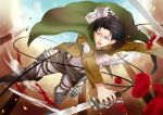  1boy 3dmg ascot belt black_hair blood boots cape jacket knee_boots levi_(shingeki_no_kyojin) reverse_grip rurucy shingeki_no_kyojin solo sword thigh_strap weapon 