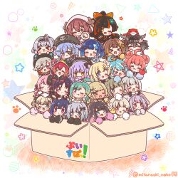  >_< 6+girls :3 :d :q ;d absurdres ahoge aizawa_ema amayui_moka animal_ear_hood apple artist_name asumi_sena bird black_bow black_eyes black_hair black_hairband black_hat blonde_hair blonde_streaks blue_eyes blue_hair blush_stickers bow box brown_hair cardboard_box chibi chibi_only choya_hanabi closed_eyes closed_mouth commentary_request creature_on_head double_bun everyone eyepatch flower_symbol food fruit ginjo_saine green_eyes green_hair grey_hair grey_hat hair_bow hair_bun hair_ornament hair_rings hairband hanabusa_lisa hat highres hood hood_up human_tower ichinose_uruha in_box in_container kaga_nazuna kaga_sumire kaminari_qpi kisaragi_ren_(vspo!) kogara_toto komori_met kurumi_noah looking_at_viewer mitarashi_neko multicolored_hair multiple_girls nekota_tsuna one_eye_closed one_eye_covered open_mouth orange_bow orange_eyes paw_print pink_eyes pink_hair pink_streaks purple_hair red_hair red_streaks sendo_yuuhi shapes shinomiya_runa shiranami_ramune single_hair_ring sleeves_past_fingers sleeves_past_wrists smile split-color_hair stacking star_(symbol) streaked_hair tachibana_hinano tatsumaki_chise tongue tongue_out tosaki_mimi tsumugi_kokage twitter_username violet_eyes virtual_youtuber vspo! white_background white_streaks yakumo_beni yano_kuromu yellow_eyes yumeno_akari 