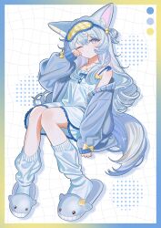  1girl absurdres animal_ears blue_eyes blush coratfg fox_ears fox_girl fox_tail full_body highres indie_virtual_youtuber jacket jewelry long_hair loose_socks nanabako necklace nightgown one_eye_closed one_side_up simple_background sleep_mask slippers socks tail virtual_youtuber white_hair 