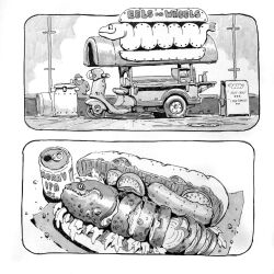  1boy absurdres baguette braydan_barrett bread can commentary english_commentary english_text food greyscale hat highres hood hood_down hooded_jacket jacket monochrome moray_eel motor_vehicle original sandwich scooter submarine_sandwich vending_cart 