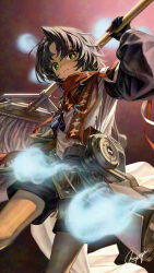  1girl :< absurdres arm_warmers artist_name black_arm_warmers black_gloves black_hair black_shorts bright_pupils brown_background clothes_around_waist commentary_request cowboy_shot dark-skinned_female dark_skin ghost gloves green_eyes hand_up highres holding holding_mop looking_at_viewer mayagi_(mayagi61) mop over_shoulder ramona_(reverse:1999) red_scarf reverse:1999 scarf shirt short_hair shorts signature solo white_pupils white_shirt 
