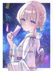  1girl alternate_costume blonde_hair blunt_bangs braid closed_mouth colored_inner_hair commentary floral_print floral_print_kimono gradient_hair hair_rings hand_up highres holding holding_tanzaku hololive hololive_dev_is japanese_clothes kimono looking_at_viewer multicolored_hair nail_polish night o2mwnb9 obi outdoors outside_border print_kimono purple_hair purple_nails purple_sash purple_streaks sash short_hair side_braid sky smile solo star_(sky) starry_sky streaked_hair tanabata tanzaku todoroki_hajime untranslatable_commentary upper_body virtual_youtuber white_kimono 