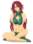  abs bare_shoulders bikini blue_eyes braid breasts cleavage cleavage_cutout collarbone gloves high_heels highres hong_meiling ledjoker07 lips long_hair midriff navel red_hair redhead shoes sitting solo swimsuit touhou twin_braids v_arms very_long_hair 