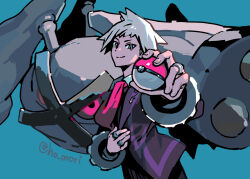  blue_background blue_eyes blue_hair commentary_request cowboy_shot harurie holding holding_poke_ball jacket long_sleeves looking_at_viewer metagross necktie poke_ball pokemon short_hair spiky_hair steven_stone 