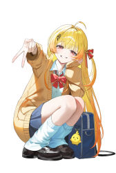 1girl absurdres ahoge alternate_costume baby_animal bag bag_charm beamed_sixteenth_notes bird black_bag black_shoes black_skirt blonde_hair bow bowtie brown_cardigan brown_eyes cardigan charm_(object) chick chicken collared_shirt commentary dot_nose double-parted_bangs eighth_note flat_color foreshortening from_side gradient_hair grin gyaru gyaru_v hair_between_eyes hair_ornament hair_ribbon hairclip hand_on_own_face highres hololive hololive_dev_is leg_warmers long_hair long_sleeves looking_at_viewer multicolored_hair musical_note musical_note_hair_ornament mypace0079 one_side_up open_cardigan open_clothes orange_hair otonose_kanade outstretched_arm pleated_skirt red_bow red_bowtie red_eyes red_ribbon ribbon school_bag school_uniform shirt shoes sidelocks simple_background skirt smile solo squatting traditional_bowtie two-tone_hair untranslatable_commentary v virtual_youtuber white_background white_leg_warmers white_shirt yellow_bird 