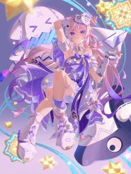  1girl absurdres blue_eyes book bow citlali_(genshin_impact) citlali_(whispers_of_stars_and_smoke)_(genshin_impact) citlalin_(genshin_impact) commentary_request facial_mark genshin_impact highres itzpapa_(genshin_impact) long_hair okawaoshio pink_hair pout purple_bow sleep_mask slippers 