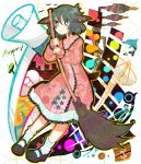  animal_ears bad_id bamboo_broom blush broom dolphin dress green_eyes green_hair highres kasodani_kyouko megaphone plug radio_antenna ringetsumon shoes short_hair socks solo tail touhou 