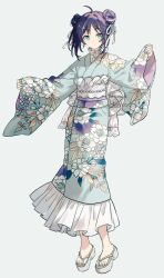 1girl ahoge blue_kimono blue_nails cho_kaguya-hime! closed_mouth double_bun green_eyes grey_background hair_bun highres japanese_clothes kimono long_sleeves migolu nail_polish sakayori_iroha sakayori_iroha_(tsutaya_pop_up) simple_background solo toenail_polish toenails 