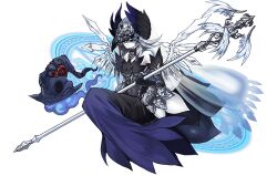  1girl bare_shoulders black_dress black_gloves black_mask commentary_request crystal_wings dress flower gloves grey_flower grey_rose hat holding holding_staff jewelry long_skirt magic_circle mask official_alternate_costume pale_skin puzzle_&amp;_dragons reeche_(p&amp;d) rose short_hair skirt solo staff wings witch witch_hat 