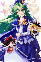  apron black_hair black_hat black_skirt black_vest blonde_hair blue_cape blue_capelet blue_hat blue_skirt blue_vest bow bowtie brown_eyes buttons cape capelet chibi closed_mouth commentary_request detached_sleeves frilled_apron frilled_bow frilled_headwear frilled_shirt frills ghost_tail green_eyes green_hair hair_bow hakurei_reimu hand_on_own_chin hat hat_bow hat_ribbon highres jitome katayama_kei kirisame_marisa long_hair long_sleeves mima_(touhou) one_eye_closed open_mouth parted_bangs paw_print puffy_short_sleeves puffy_sleeves red_bow red_shirt red_skirt ribbon shirt short_sleeves skirt sleeveless sleeveless_shirt sun_print touhou touhou_(pc-98) unfinished_dream_of_all_living_ghost very_long_hair vest waist_apron white_apron white_ribbon white_shirt white_sleeves wide_sleeves witch witch_hat wizard_hat yellow_bow yellow_bowtie yellow_eyes 