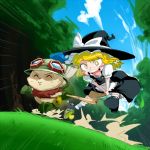  braid broom broom_riding chasing crossover hat kirisame_marisa league_of_legends mushroom running space_jin spacezin teemo tongue touhou witch witch_hat yellow_eyes 