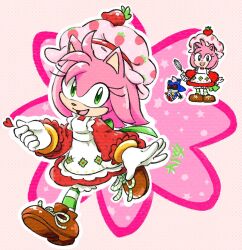  1girl :d alternate_costume amy_rose apron artist_name bootleg_metal_sonic_plush cosplay dress east-west_crossover food food-themed_hair_ornament food_print fruit fruit_print full_body furry furry_female gloves green_eyes hair_ornament heart holding_tool kiwi_kit0 long_sleeves metal_sonic open_mouth pantyhose pink_fur red_dress smile sonic_(series) sparkle strawberry strawberry_hair_ornament strawberry_print strawberry_shortcake_(character) strawberry_shortcake_(character)_(cosplay) striped_clothes striped_pantyhose white_apron white_gloves 