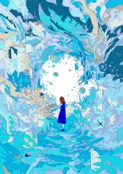  1girl abstract absurdres blue_dress blue_theme brown_hair commentary dress english_commentary fantasy fish hato_(n_hat_mu) highres long_hair long_sleeves original scenery shoes solo standing surreal water wide_shot 