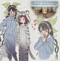  2girls absurdres animal_hood bell black_hair blush blush_stickers bow brown_eyes chabashira_tenko choker commentary danganronpa_(series) danganronpa_v3:_killing_harmony english_commentary english_text fang gem_hair_ornament green_eyes hair_between_eyes hair_ornament hair_ribbon hairband heart height_difference highres holding_hands hood hooded_pajamas jacket long_hair long_sleeves low_twintails miri_(bossu_osu) mole mole_under_mouth multiple_girls neck_bell open_mouth pajamas pants pink_choker pink_hairband red_hair ribbon screenshot_inset short_hair smile standing sweatpants tiger_hood tomodachi_life tomodachi_life:_living_the_dream track_jacket track_pants twintails very_long_hair yumeno_himiko yuri 