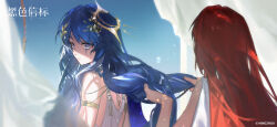  2girls aratos_(black_beacon) armlet bare_shoulders black_beacon blue_eyes blue_hair blue_sky closed_mouth copyright_name copyright_notice curtains dress facing_away hair_ornament highres holding_another's_hair jewelry logo long_hair looking_at_viewer multiple_girls official_art official_wallpaper phaenomena_(black_beacon) red_hair sky upper_body white_dress 