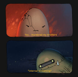  2others braydan_barrett closed_mouth comedic_sweatdrop crack egg english_text highres internal_screaming multiple_others original robot sweatdrop v-shaped_eyes 
