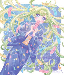  1girl artist_name blue_background blue_eyes blue_kimono blue_nails blush border commentary_request covering_own_mouth dot_nose feet_out_of_frame fingernails floating_hair fuka_(f_uka_1021) green_hair hair_ornament hands_up highres holding holding_tanzaku japanese_clothes kimono long_hair long_sleeves looking_at_viewer multicolored_nails nail_polish obi obiage obijime orange_sash original outline outside_border print_kimono red_nails sash signature solo sparkle standing star_(symbol) star_hair_ornament star_in_eye star_print straight-on swept_bangs symbol_in_eye tanabata tanzaku twintails twitter_username very_long_hair watermark white_border white_outline yellow_nails yukata 