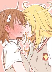  2girls blonde_hair blush breasts brown_hair brown_sweater_vest closed_eyes collared_shirt commentary_request flower from_side frown full-face_blush gloves hair_flower hair_ornament highres large_breasts long_hair medium_hair misaka_mikoto multiple_girls open_mouth school_uniform shirt shokuhou_misaki short_sleeves sweater_vest toaru_kagaku_no_railgun toaru_majutsu_no_index tokiwadai_school_uniform uuron_(nkktmrrr) white_gloves white_shirt 