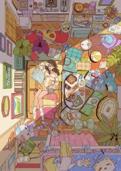  1girl absurdly_detailed_composition animal animal_on_stomach apartment apple artist_name backpack bag ball banana beachball bed bird's_eye_view blue_bag book bottle bow broom brown_hair cabinet cat cellphone chair chopsticks closed_eyes commentary_request cooking_pot couch covering_one_eye cup curtains desk fish_(food) flower food frilled_pillow frills from_above fruit green_bag green_bow grey_shorts hair_dryer hand_up highres indoors jar large_bow laundry laundry_basket lemon lemon_slice loaded_interior long_hair long_sleeves lying mask messy_room microwave mug on_back on_couch open_mouth orange_(fruit) orange_flower orange_peel original oven_mitts parted_lips pet pet_bed pet_food phone picture_frame pillow plant plastic_bag plate potted_plant print_socks radio red_flower red_rose refrigerator robotic_vacuum_cleaner rose rug shoes short_shorts shorts sink sleep_mask sleeping sleeping_animal smartphone socks solo sponge spoon star_(symbol) star_print stove striped_clothes striped_sweater stuffed_animal stuffed_cat stuffed_rabbit stuffed_toy sweater table toaster transparent_bag trash_can unworn_mask unworn_shoes wan_(rdnt5487) water_bottle white_socks 