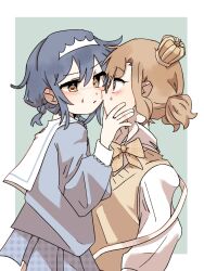  2girls blue_hair blue_shirt blue_skirt blush border bow bowtie brown_eyes brown_hair brown_sweater_vest chinese_commentary commentary_request crown ear_blush furutani_himawari green_background hand_on_another's_face highres kafeidoll mini_crown mixed-language_commentary multiple_girls oomuro_sakurako sailor_collar shirt short_twintails simple_background skirt sweat sweater_vest twintails white_border white_sailor_collar white_shirt yellow_bow yellow_bowtie yuri yuruyuri 