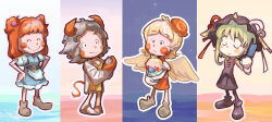 4girls ^_^ absurdres animal_ears animal_print asymmetrical_hair baby bird_wings blonde_hair blush boots brown_boots carrying carrying_baby carrying_person cellphone chibi chibi_only closed_eyes closed_mouth coin coin_on_string commentary_request cow_ears cow_girl cow_horns cow_print cow_tail english_commentary epaulettes feathered_wings flip_phone full_body green_hair grey_hair hair_bobbles hair_ornament hands_on_own_hips haori hat highres holding holding_phone horns japanese_clothes mixed-language_commentary molly_yancey multicolored_hair multiple_girls niwatari_kutaka obi onozuka_komachi orange_skirt pacifier phone purple_boots purple_hat purple_vest red_hair red_horns red_tail sash shiki_eiki shirt short_sleeves shorts skirt smile split-color_hair tail touhou two-tone_hair two_side_up ushizaki_urumi vest white_shirt wings yellow_shorts 