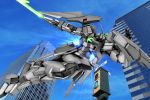  city energy_sword flying gundam gundam_age gundam_age-2 gundam_age-2_(special_forces_colors) hiropon_(tasogare_no_puu) mecha no_humans robographer shield sky solo sword tasogarenopuu traffic_light weapon 