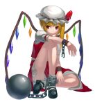  1girl ball_and_chain_restraint blonde_hair broken broken_chain chain flandre_scarlet hat kfr long_hair shackle side_ponytail simple_background solo touhou white_background wings 