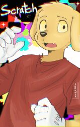  1boy abstraction_(the_amazing_digital_circus) absurdres animal_ears artist_name character_name commentary dog_boy dog_ears edrunix english_commentary fang floppy_ears furry furry_male gloves highres looking_at_viewer male_focus open_mouth red_shirt scratch_(the_amazing_digital_circus) shirt the_amazing_digital_circus white_gloves wide-eyed yellow_fur 