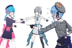  3girls :/ :d ascot asymmetrical_legwear belt beret black_gloves black_ribbon black_thighhighs blue_ascot blue_belt blue_choker blue_eyes bow bracelet buttons choker closed_mouth commentary cowboy_shot crown dot_nose double-breasted double-parted_bangs english_commentary feet_out_of_frame flat_chest flying_sweatdrops frilled_skirt frills from_behind from_side ghost_(hoshimachi_suisei) gloves grey_hat hair_between_eyes hair_ribbon hat hololive hoshimachi_suisei hoshimachi_suisei_(1st_costume) jacket jewelry kneehighs layered_skirt lone_nape_hair looking_at_another medium_hair meme mini_crown multiple_girls multiple_persona official_alternate_color official_alternate_costume open_mouth partially_colored partially_fingerless_gloves pink_belt pink_bow pink_ribbon pink_skirt plaid_bow plaid_clothes plaid_jacket pleated_skirt pointing pointing_at_another pointing_spider-man_(meme) ribbon shino_12a side_ponytail sidelocks simple_background single_kneehigh single_sock single_thighhigh skirt skirt_set sleeve_cuffs smile socks star-shaped_pupils star_(symbol) star_bracelet star_choker swept_bangs symbol-shaped_pupils template_(hololive) thigh-highs thigh_strap three-quarter_sleeves two-tone_skirt uneven_legwear virtual_youtuber waist_bow wavy_hair white_background white_thighhighs 