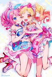  2girls :d ;) ;d aikatsu!_(series) aikatsu_stars! ankle_lace-up arm_belt belt black_choker black_shoes blonde_hair blue_eyes blue_hairband blue_shirt blue_skirt bow cheek-to-cheek choker closed_mouth commentary_request crop_top flat_chest frilled_shirt frilled_thigh_strap frills hair_bow hairband heads_together highres holding_hands long_hair medium_hair midriff multiple_girls navel nijino_yume one_eye_closed open_mouth outline pink_belt pink_bow pink_hair pink_hairband pink_shirt pink_skirt sakuraba_rola shirt shirt_bow shoes sidelocks single_bare_shoulder skirt smile tawan_(46okuneeen) thigh_strap twintails two-tone_skirt white_bow white_outline yellow_eyes 