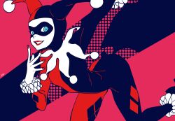  1girl absurdres black_bodysuit blue_eyes bodysuit breasts commentary dc_comics diamond_print domino_mask eye_mask feet_out_of_frame hand_to_own_mouth harlequin harley_quinn hat highres jester_cap limited_palette looking_at_viewer mask medium_breasts multicolored_bodysuit nail_polish parted_lips pom_pom_hat_ornament red_bodysuit red_lips red_nails signature smile solo teeth two-tone_bodysuit user_jazz4252 