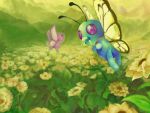  blue_skin butterfly butterfree collar fangs floral_background flower flying green green_background highres kabotya_to_rantan looking_at_viewer no_humans not_shiny_pokemon pink_skin pokemon pokemon_(creature) 