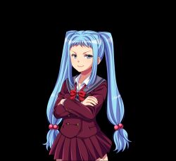  1girl aqua_eyes aqua_hair bow bowtie brown_jacket brown_skirt buttons character_request closed_mouth copyright_request double-breasted emblem hair_bobbles hair_ornament hinasera_aya jacket light_smile long_hair long_sleeves loose_bowtie miniskirt mondo_muyo!_tanetsuke_kyoka-sho non-web_source open_collar purple_sailor_collar red_bow red_bowtie sailor_collar school_uniform seno_arisa shirt skirt tachi-e transparent_background 