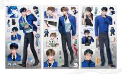  3boys agent_choi black_eyes black_hair black_necktie black_shirt blue_eyes blue_jacket blue_pupils brown_hair chibi chibi_inset chinese_text commentary_request full_body glasses grey_background gwechul highres jacket kim_soleum korean_commentary merchandise multiple_boys multiple_views necktie red_pupils ri_mumu ryu_jaekwan scar scar_on_neck shirt short_hair simple_background sticker translation_request turtleneck white_shirt 