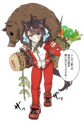  1girl ahoge animal_ears basket black_hair blush boar carrot carrying collarbone commentary_request daring_tact_(umamusume) fish food full_body gloves hair_ornament highres horse_ears horse_girl jacket kayachiyo lettuce shoes simple_background smile solo tail track_jacket translation_request umamusume vegetable x_x 