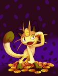  amulet_coin arm_up cat coin commentary fangs highres holding looking_at_viewer meowth no_humans open_mouth paw_pose pokemon pokemon_(creature) purple_background purplekecleon signature smile solo standing 