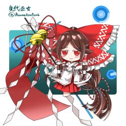  1girl artist_name bell bow bowtie brown_hair chibi chibi_only chinese_commentary commentary_request frilled_bow frilled_hair_tubes frills full_body gensokyo's_first_hakurei_miko gohei hair_bow hair_tubes highres japanese_clothes jingle_bell kimono koumakanbomb long_hair looking_at_viewer low-tied_long_hair miko red_bow red_bowtie red_eyes red_skirt ribbon-trimmed_sleeves ribbon_trim skirt solo touhou white_kimono 