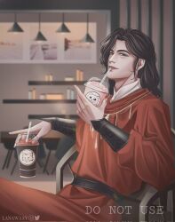  1boy artist_name belt bishounen black_eyes black_hair blurry bracer brown_eyes cafe chair chinese_clothes coffee contemporary cup depth_of_field disposable_cup drink drinking drinking_straw hanfu heaven_official's_blessing highres holding holding_cup hua_cheng indoors jewelry lanawaay long_hair long_sleeves looking_at_viewer male_focus mandarin_collar necklace on_chair red_robe robe sitting smile solo table 
