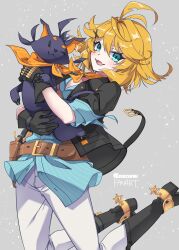  1girl ahoge aqua_shirt bandolier belt black_gloves black_jacket blonde_hair commentary doki_amber_doge_(dokibird) dokibird dokibird_(bounty_hunter) fang feather_hair gloves green_eyes gun hair_ornament highres indie_virtual_youtuber jacket looking_at_viewer neckerchief open_mouth orange_neckerchief revolver saraemi shirt short_hair simple_background skin_fang solo spurs untranslatable_commentary untucked_shirt virtual_youtuber weapon x_hair_ornament 