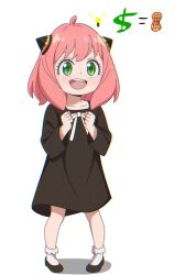  1girl :d anya_(spy_x_family) black_dress black_shoes blush bow child chromatic_aberration clenched_hands collarbone dollar_sign dress dress_bow film_grain full_body green_eyes hairpods highres light_bulb long_sleeves mary_janes medium_hair open_mouth peanut pink_hair shoes simple_background smile socks solo spy_x_family standing uroboros_(dhmv3484) white_background white_bow white_socks 