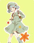  backpack bag blue_eyes blue_hair flower green_background gumi. hair_bobbles hair_ornament hat kawashiro_nitori key open_mouth simple_background skirt solo touhou twintails 