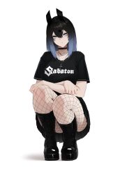  1girl :/ absurdres ass band_shirt black_boots black_choker black_eyeshadow black_hair black_nails black_shirt black_skirt blue_eyes blue_hair boots choker closed_mouth commentary cross cross_necklace dot_nose ear_piercing earrings english_commentary eyeshadow fishnet_pantyhose fishnets full_body goth_fashion gradient_hair hair_between_eyes highres jewelry long_hair makeup merchandise miniskirt multicolored_hair nail_polish narrowed_eyes necklace original pantyhose piercing pleated_skirt portrait sabaton_(band) saki_(the_atko) shirt sidelocks simple_background skirt solo_focus squatting the_atko thighs white_background 