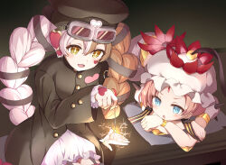  2girls 7753 blonde_hair blue_eyes blush braid commentary_request frilled_skirt frills garter_straps goggles goggles_on_head hair_ornament hat highres holding magical_girl mahou_shoujo_ikusei_keikaku mahou_shoujo_ikusei_keikaku_limited multicolored_hair multiple_girls open_mouth skirt smile table tepsekemei twin_braids yellow_eyes yonkun_3 