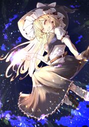  1girl apron arm_belt belt black_hat black_skirt black_vest blonde_hair bow broom broom_riding brown_belt commentary_request frilled_skirt frills grin hat hat_bow highres kirisame_marisa long_hair looking_at_viewer magic orange_eyes outdoors puffy_short_sleeves puffy_sleeves short_sleeves skirt smile socks solo souma_sora touhou very_long_hair vest waist_apron white_apron white_bow white_socks witch_hat 